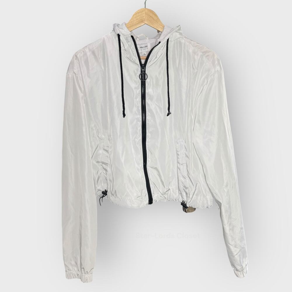 New Look White Windbreaker Jacket Large Cropped Zip Hoodie Lightweight
